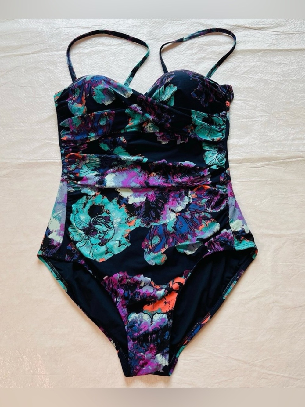 Calvin Klein Black Floral One-Piece Swimsuit with Teal, Purple & Coral Accents